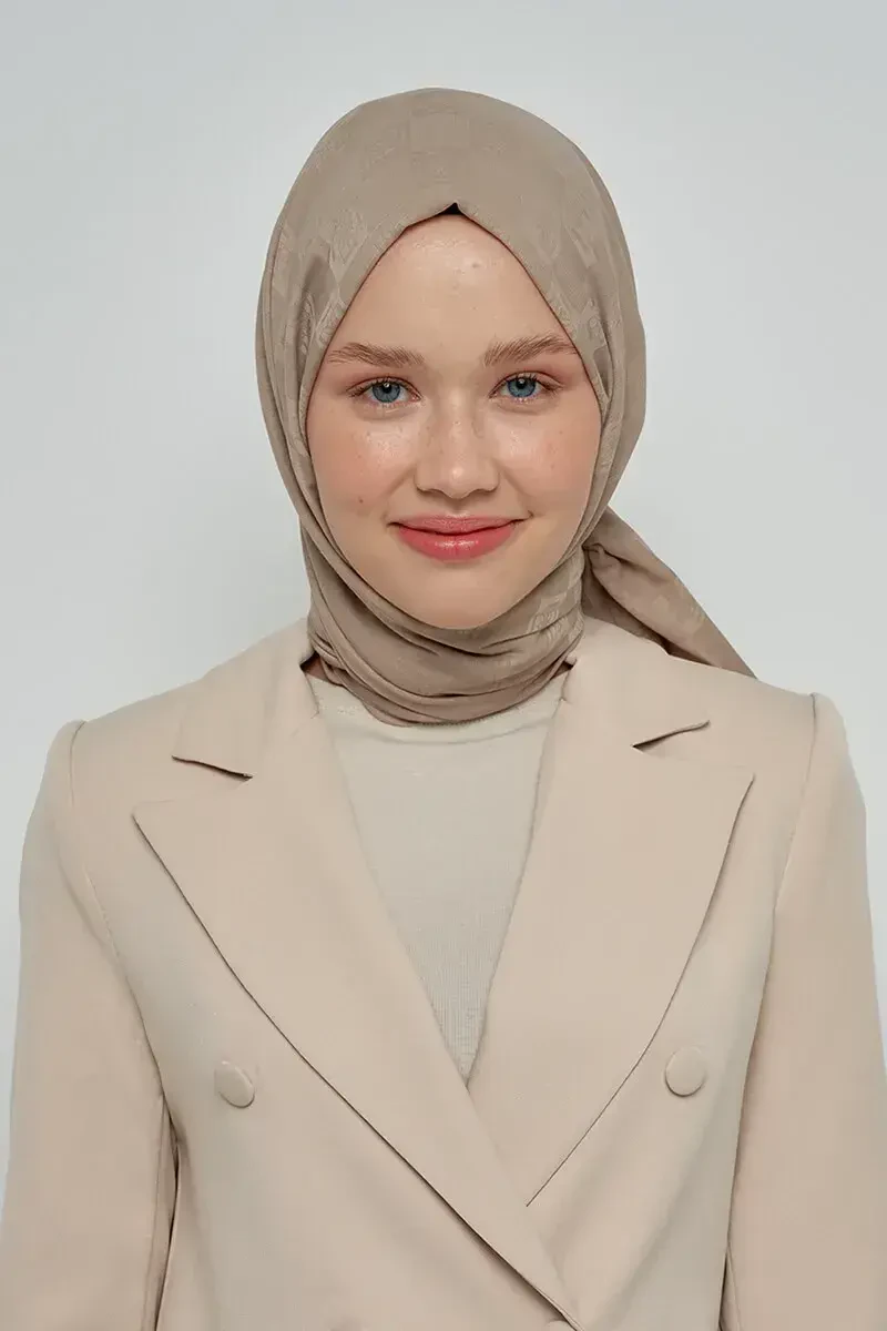 Pamuklu Şal Monogram Desen - Vizon - 1