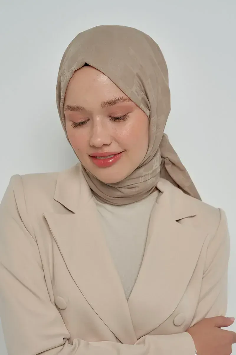 Pamuklu Şal Monogram Desen - Vizon - ED Scarf