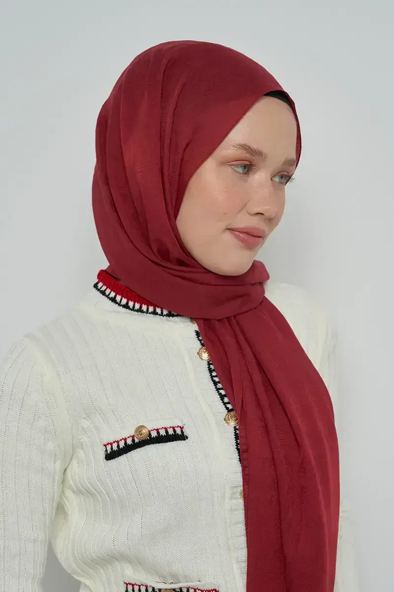 Pamuklu Şal Yaprak Desen - Bordo - 2