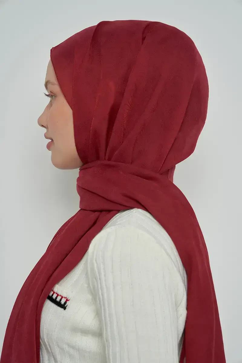 Pamuklu Şal Yaprak Desen - Bordo - ED Scarf
