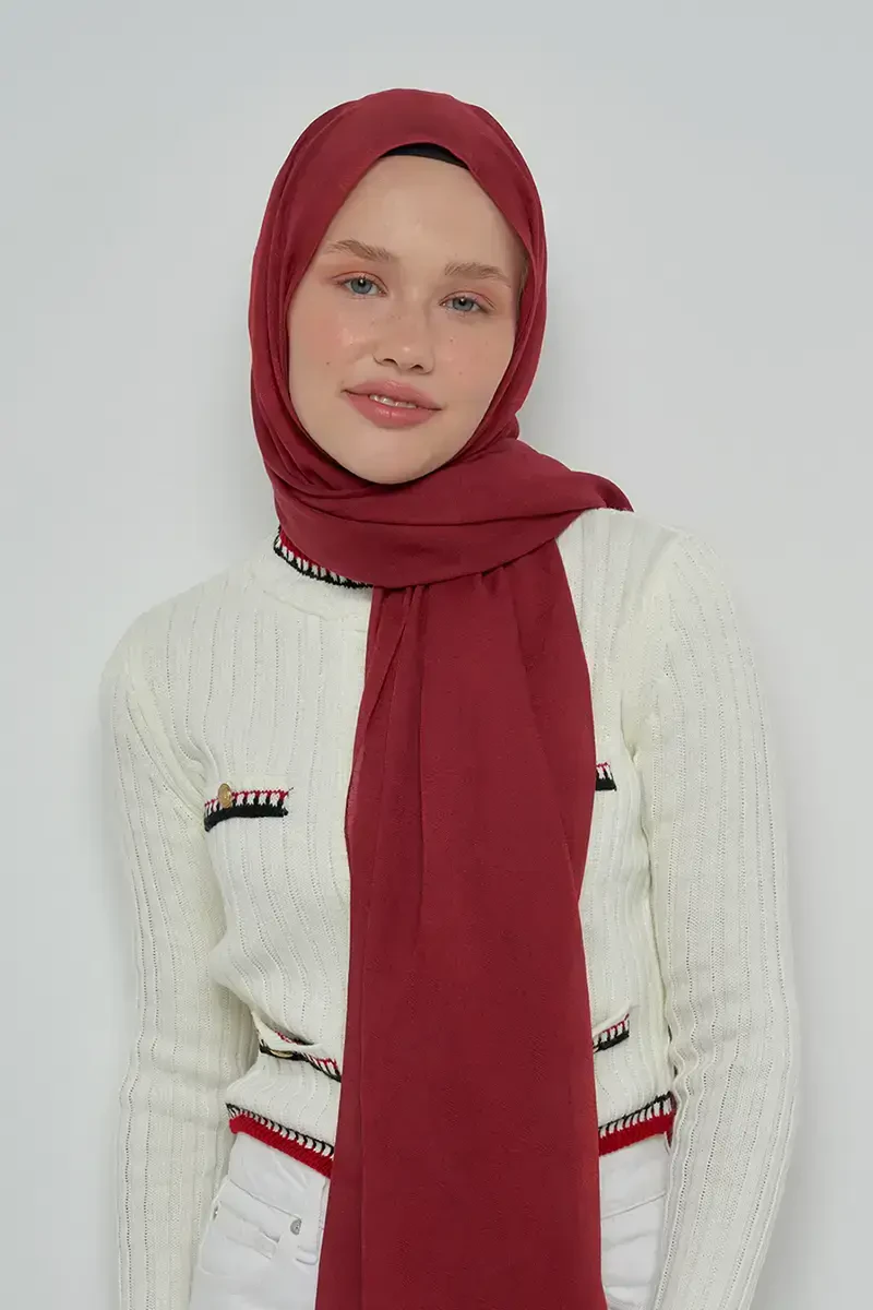 Pamuklu Şal Yaprak Desen - Bordo - ED Scarf