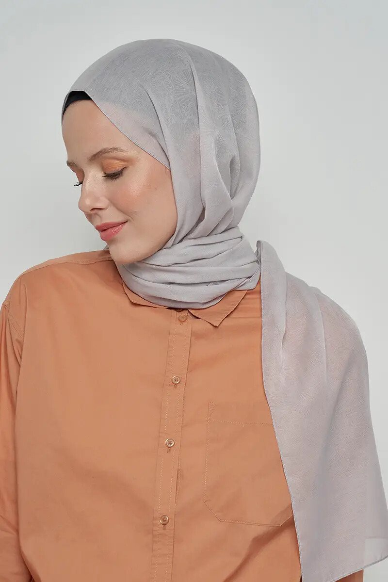 Pamuklu Şal Yaprak Desen - Gri - ED Scarf