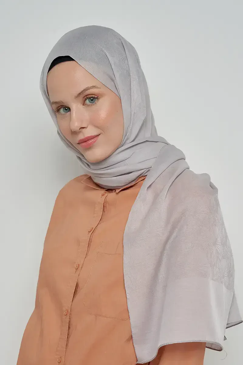 Pamuklu Şal Yaprak Desen - Gri - ED Scarf