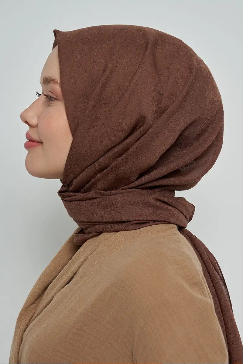 Pamuklu Şal Yaprak Desen - Kahverengi - ED Scarf