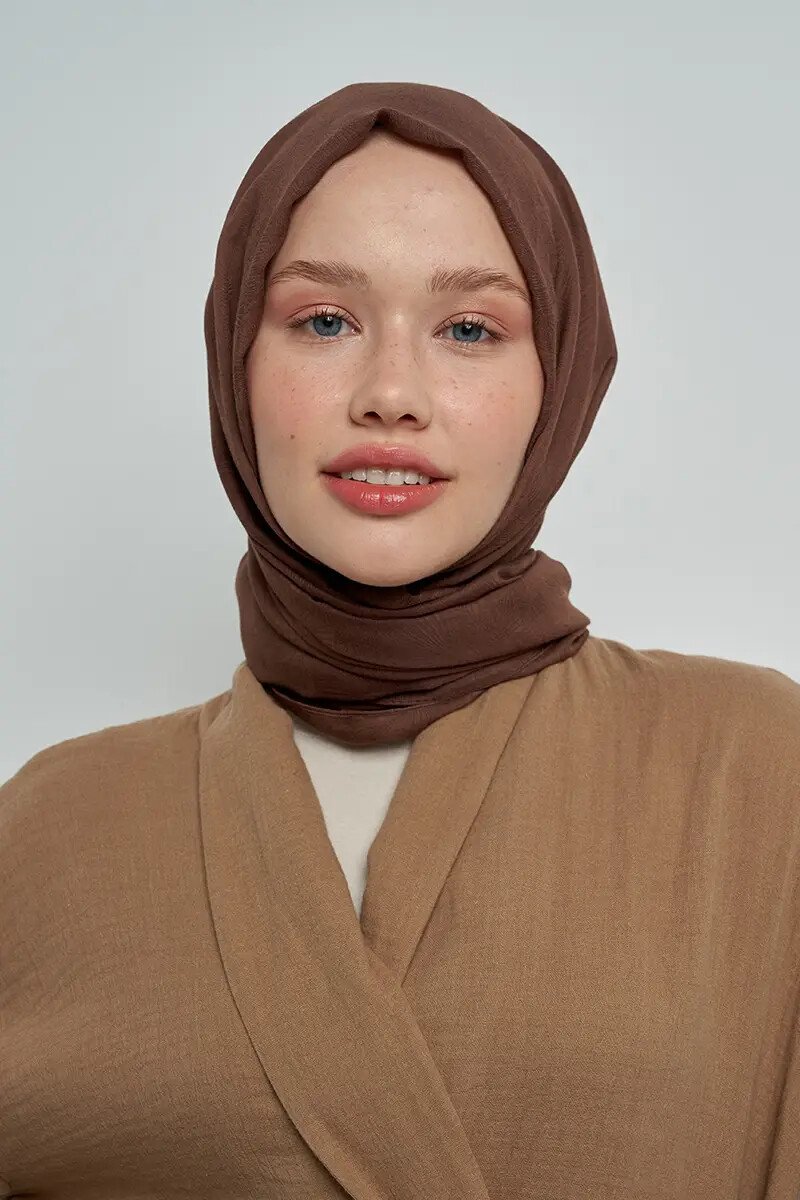 Pamuklu Şal Yaprak Desen - Kahverengi - ED Scarf