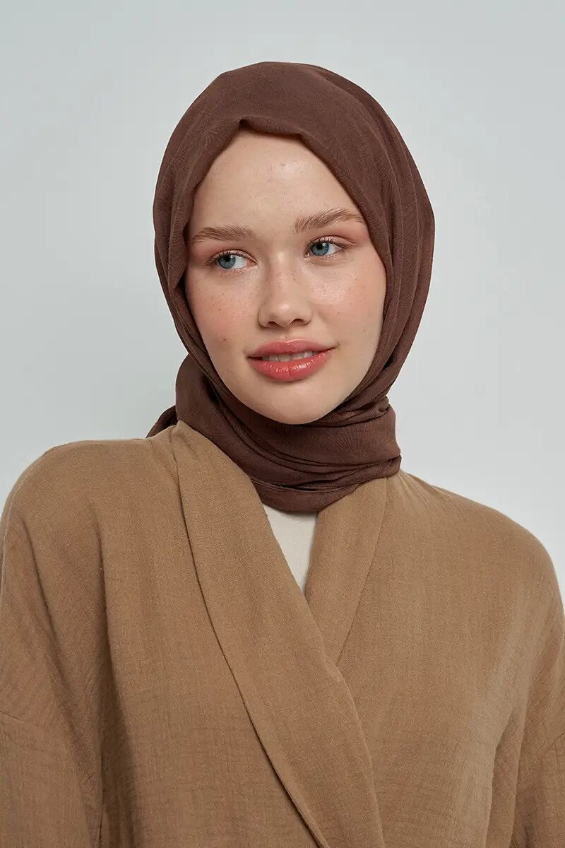 Pamuklu Şal Yaprak Desen - Kahverengi - ED Scarf