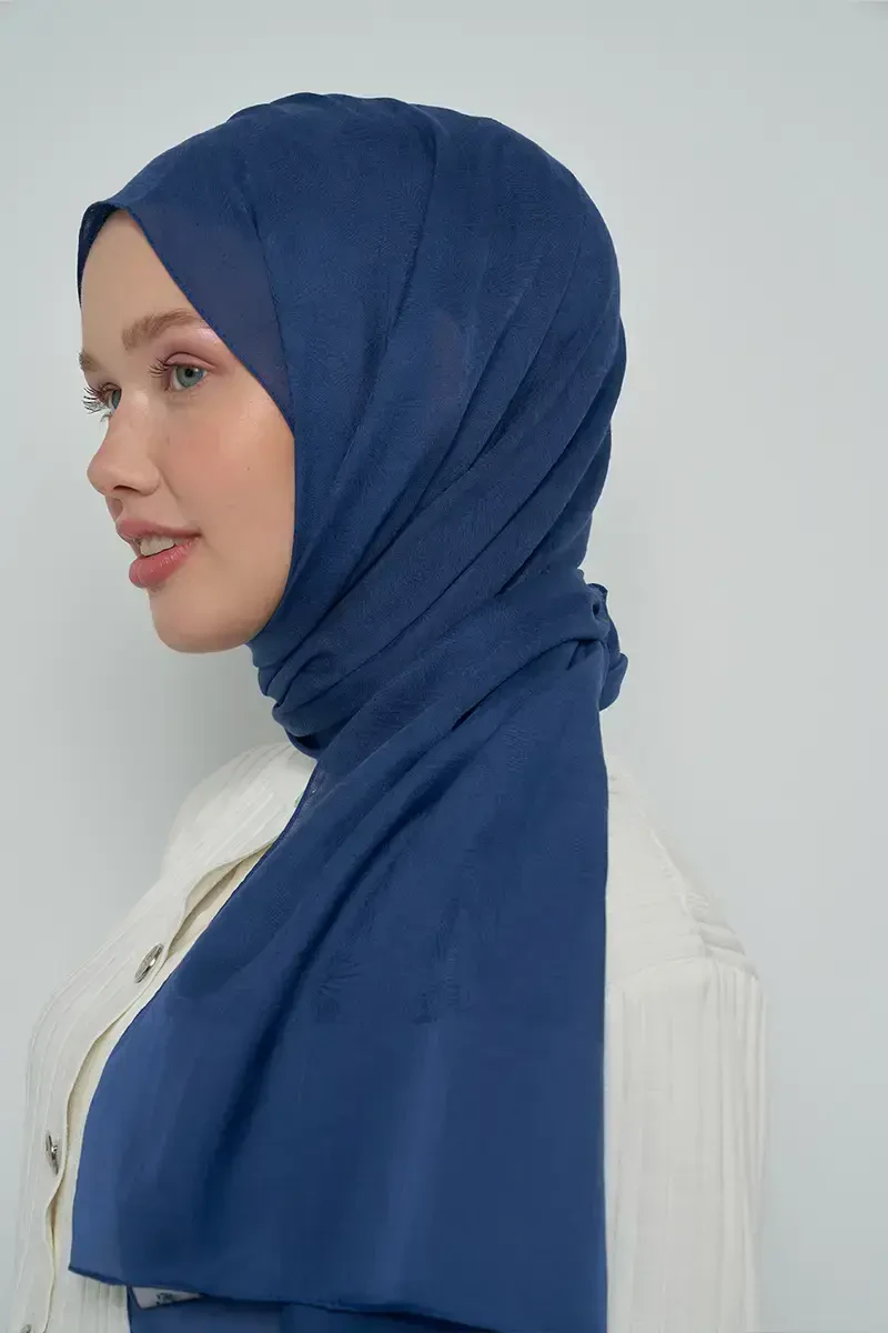 Pamuklu Şal Yaprak Desen - Lacivert - ED Scarf