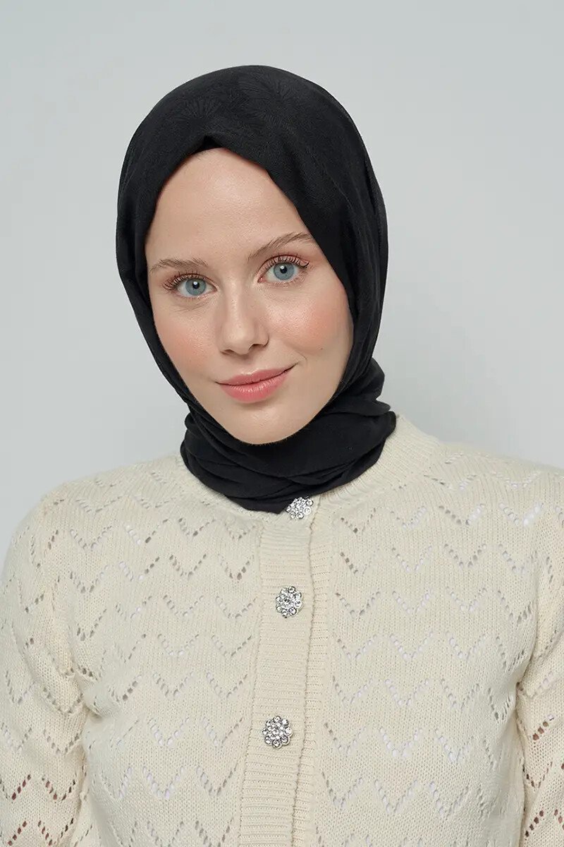 Pamuklu Şal Yaprak Desen - Siyah - ED Scarf