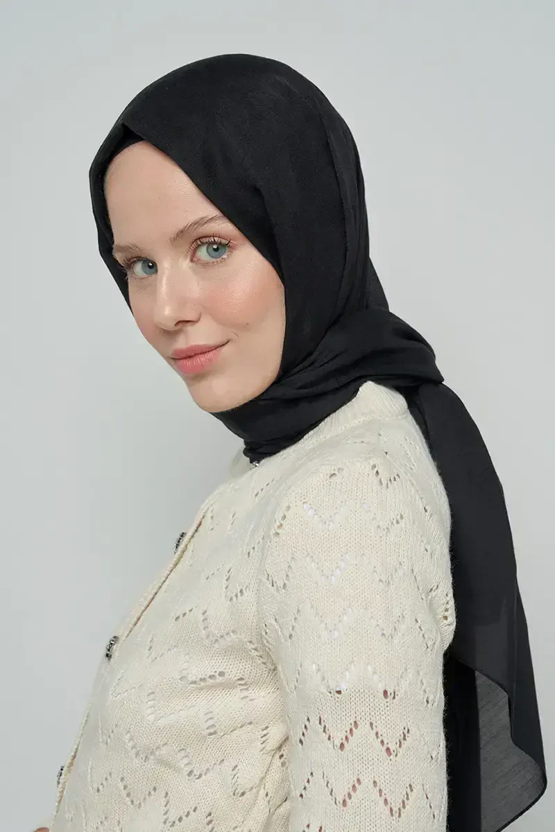 Pamuklu Şal Yaprak Desen - Siyah - ED Scarf