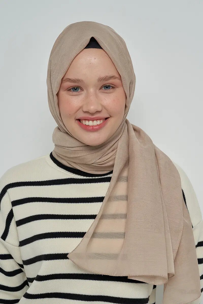 Pamuklu Şal Yaprak Desen - Vizon - ED Scarf