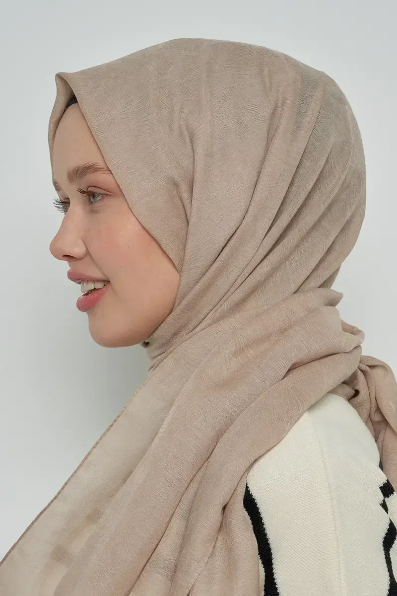 Pamuklu Şal Yaprak Desen - Vizon - ED Scarf