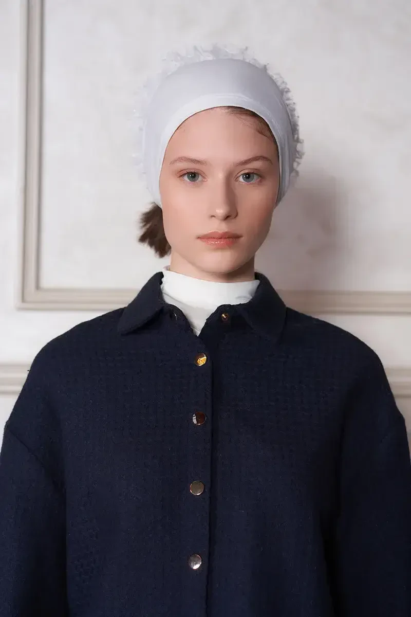 Pratik Topuzlu Fırfır Penye Tesettür Bone - Beyaz - ED SCARF