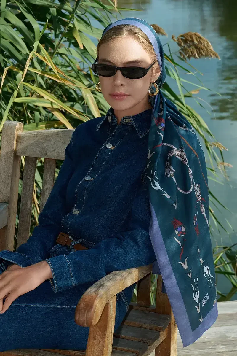 Sarmaşık Desen Pamuk İpek Şal - Lacivert - ED Scarf