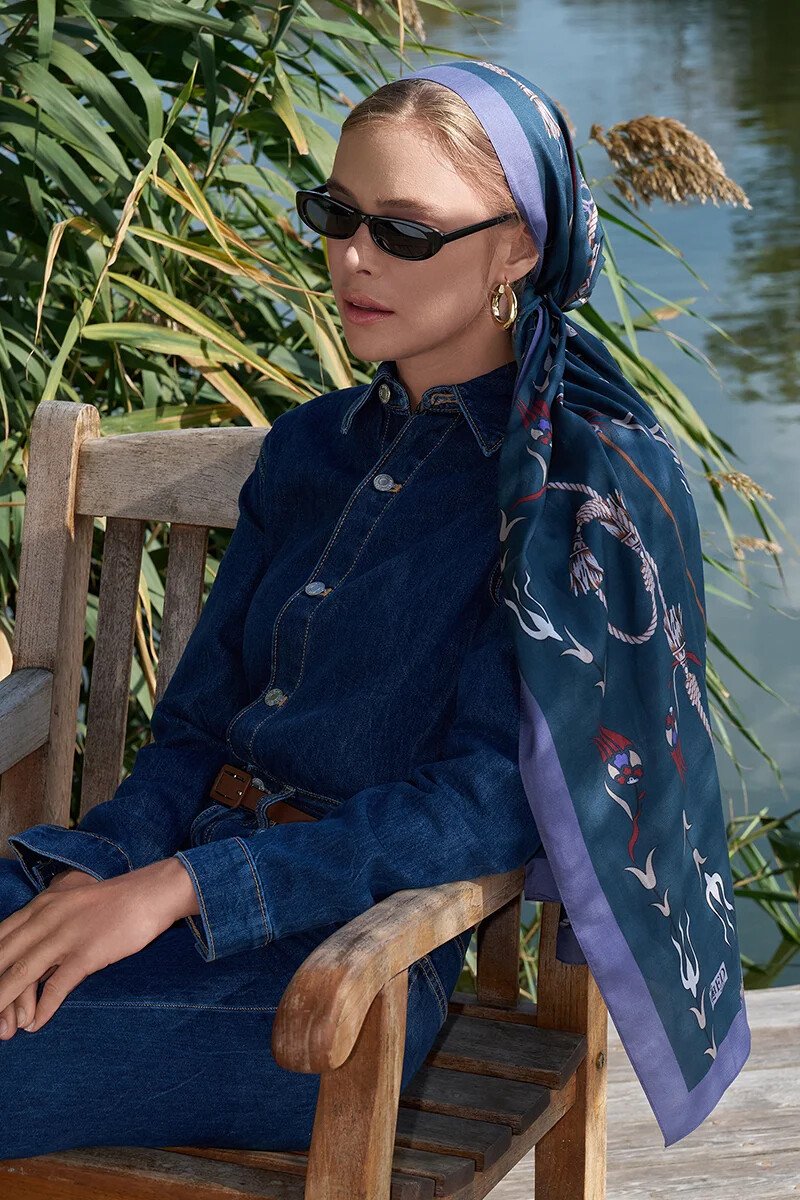 Sarmaşık Desen Pamuk İpek Şal - Lacivert - ED Scarf