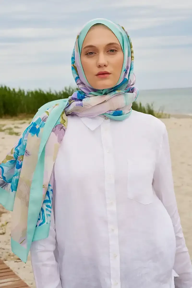Sulu Boya Çiçek Desen Pamuk İpek Şal - Lila