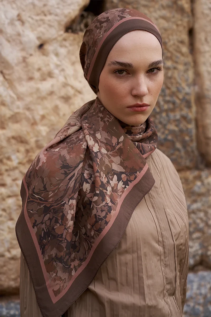 Sunrise Bahar Desen Şal - Kahverengi - ED SCARF