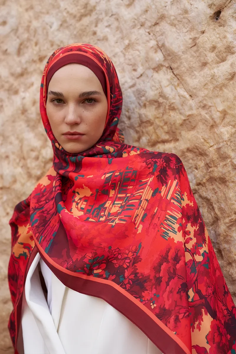 Sunrise Bahar Desen Şal - Kırmızı - ED SCARF