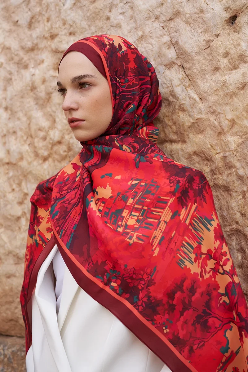 Sunrise Bahar Desen Şal - Kırmızı - ED SCARF
