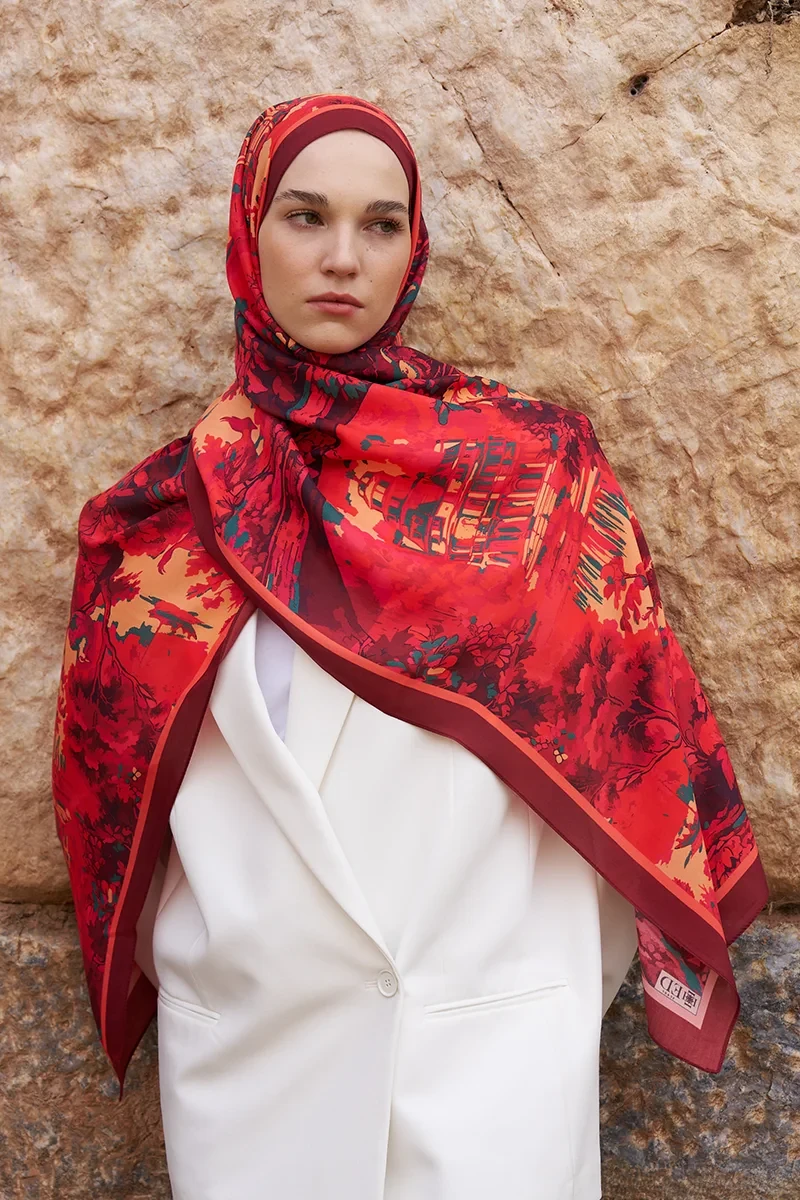 Sunrise Bahar Desen Şal - Kırmızı - ED SCARF