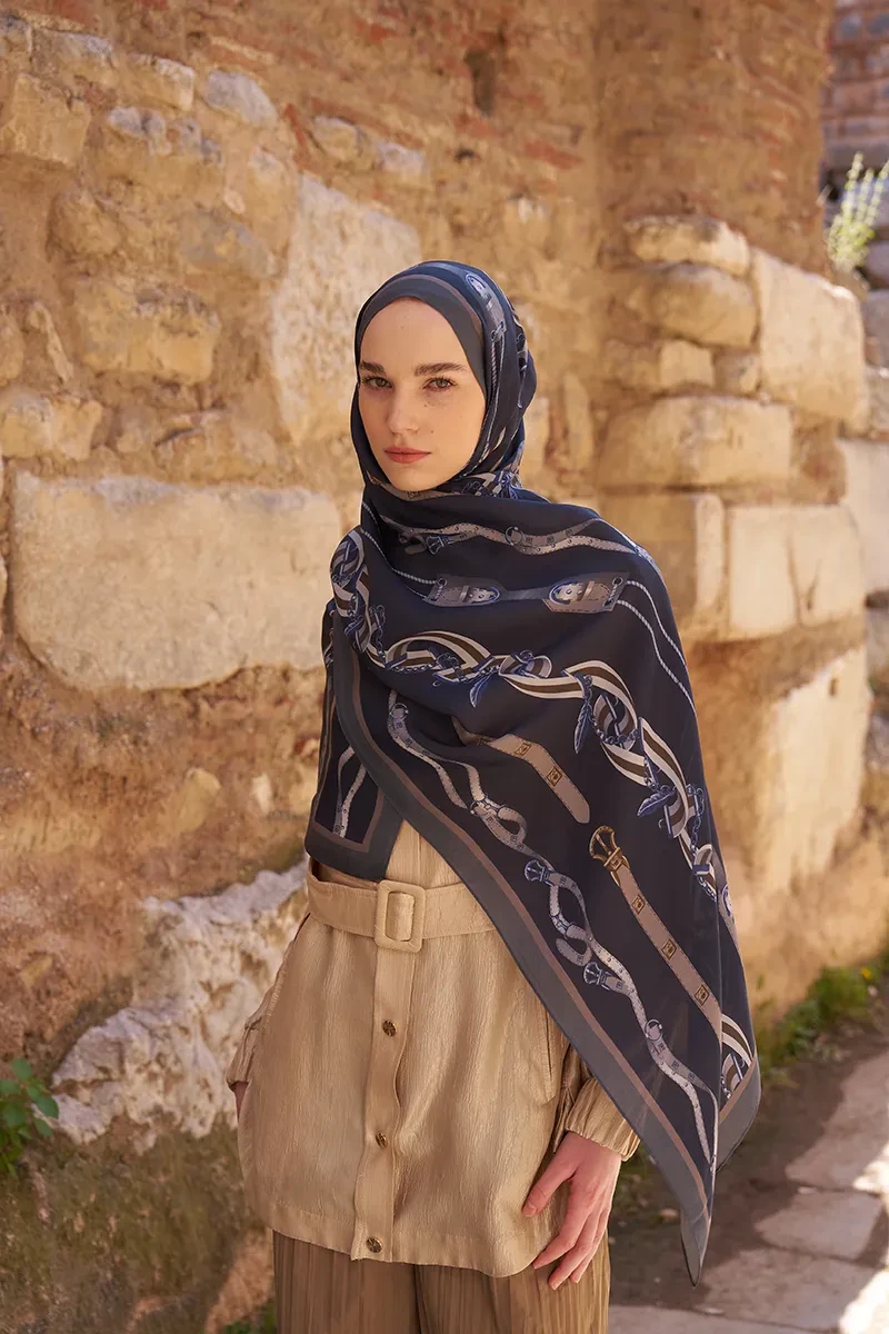 Sunrise Barok Desen Şal - Lacivert - ED SCARF