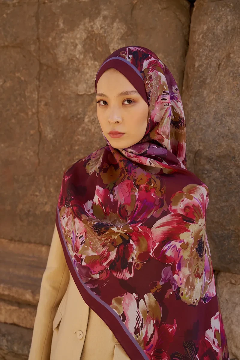 Sunrise Çiçek Desen Şal - Bordo - ED SCARF