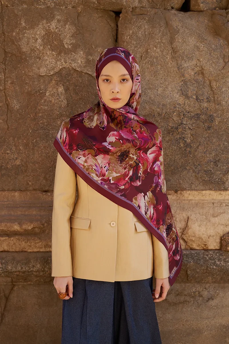 Sunrise Çiçek Desen Şal - Bordo - ED SCARF