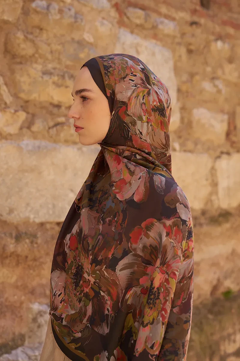 Sunrise Çiçek Desen Şal - Kahverengi - ED SCARF