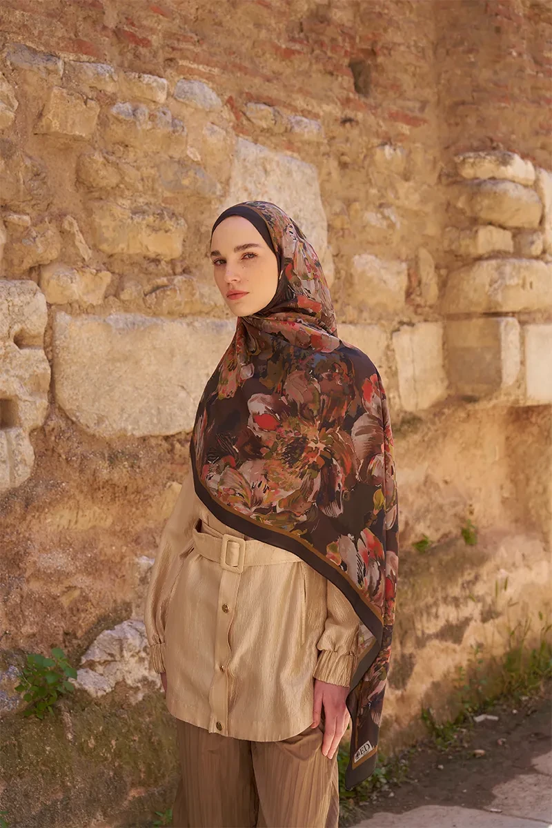Sunrise Çiçek Desen Şal - Kahverengi - ED SCARF