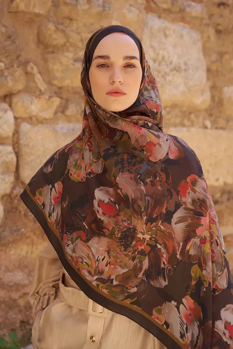 Sunrise Çiçek Desen Şal - Kahverengi - ED SCARF