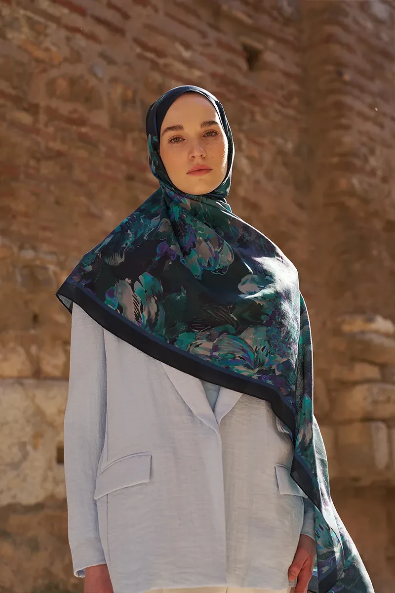 Sunrise Çiçek Desen Şal - Lacivert - 4