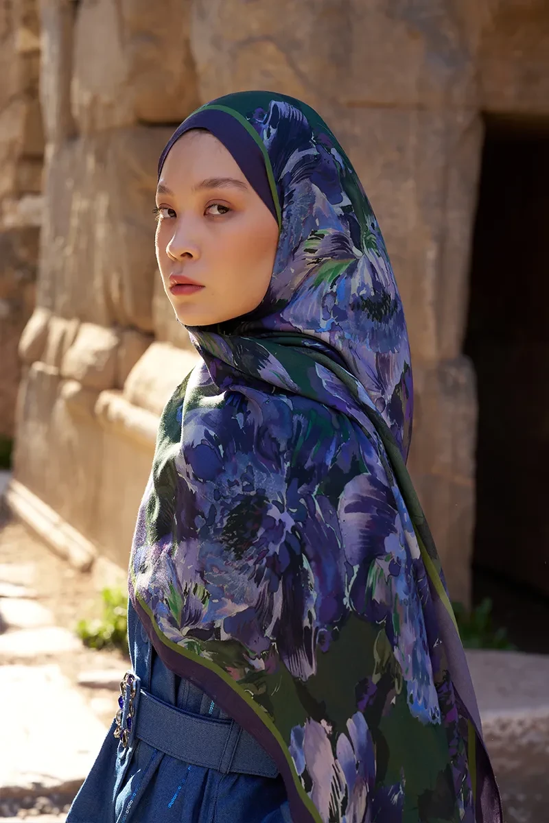 Sunrise Çiçek Desen Şal - Mor - ED SCARF