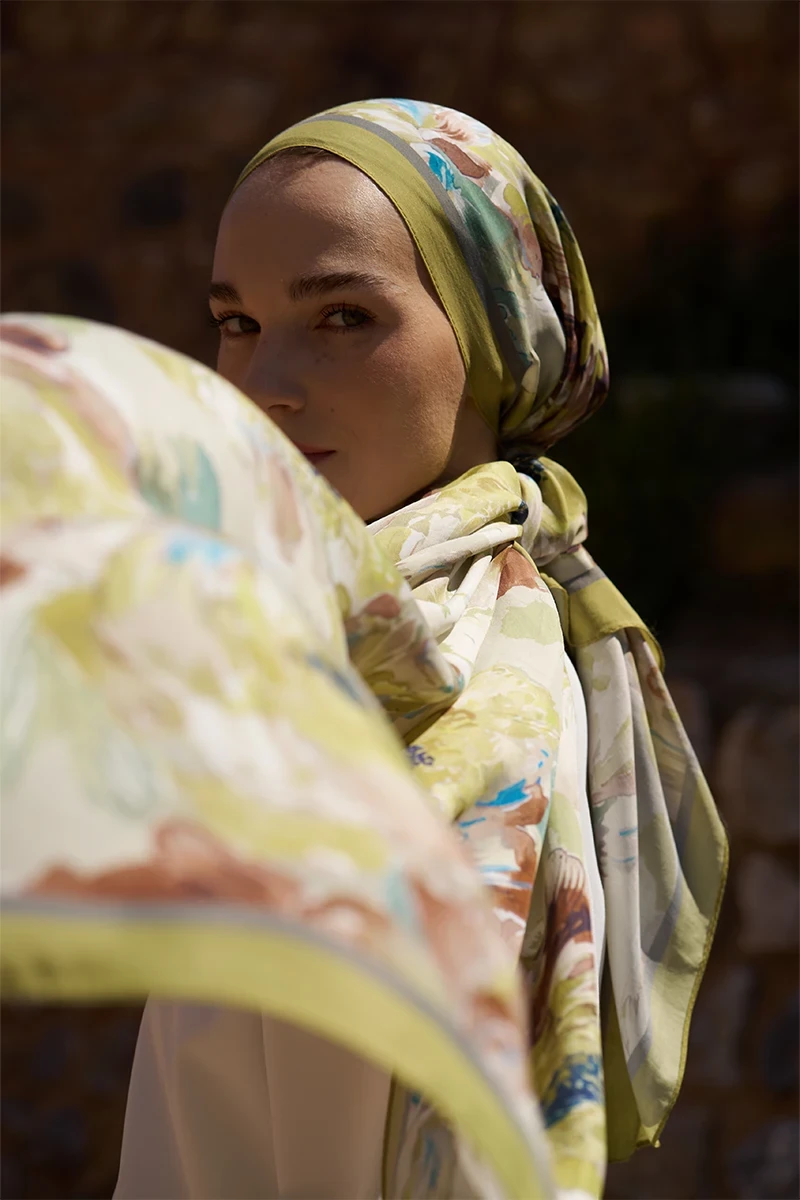 Sunrise Çiçek Desen Şal - Yağ Yeşili - ED SCARF