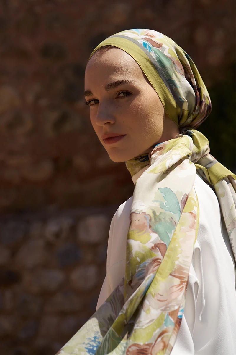 Sunrise Çiçek Desen Şal - Yağ Yeşili - ED SCARF