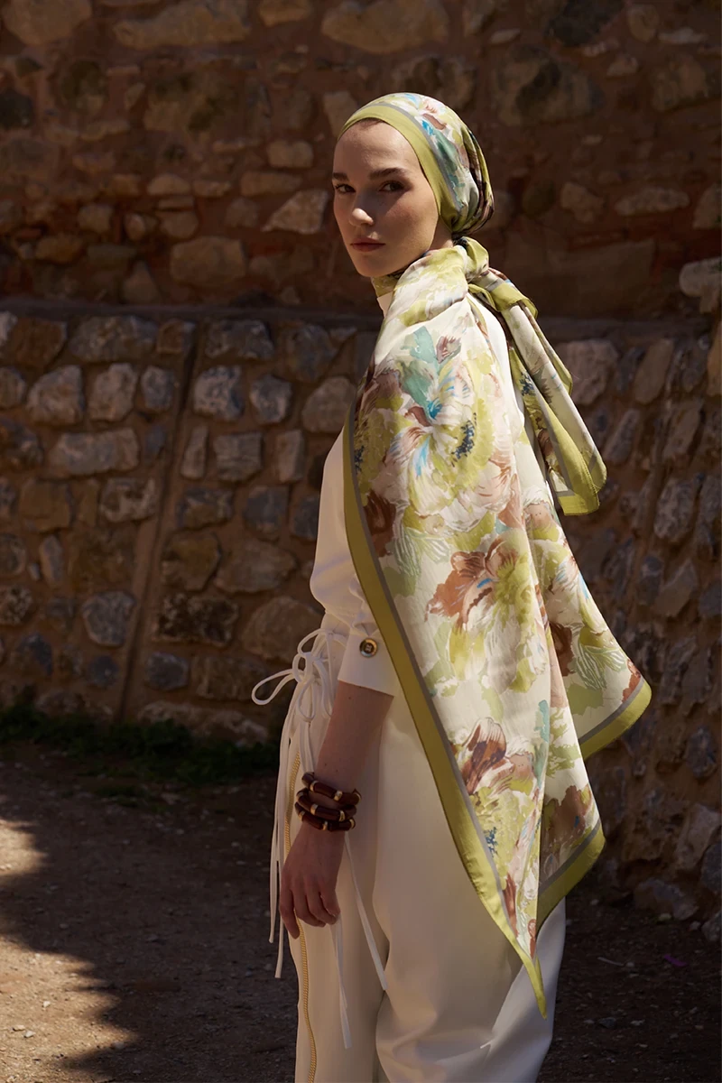 Sunrise Çiçek Desen Şal - Yağ Yeşili - ED SCARF