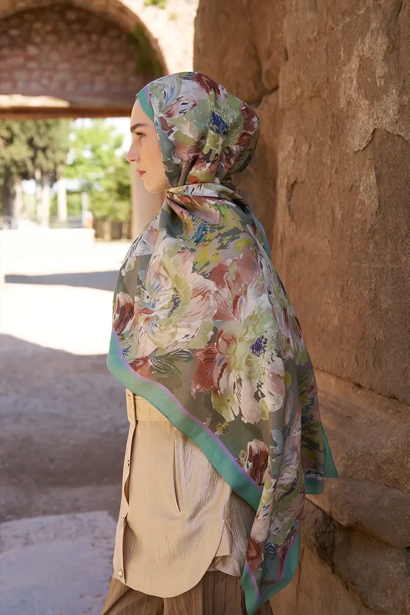 Sunrise Çiçek Desen Şal - Yeşil - ED SCARF