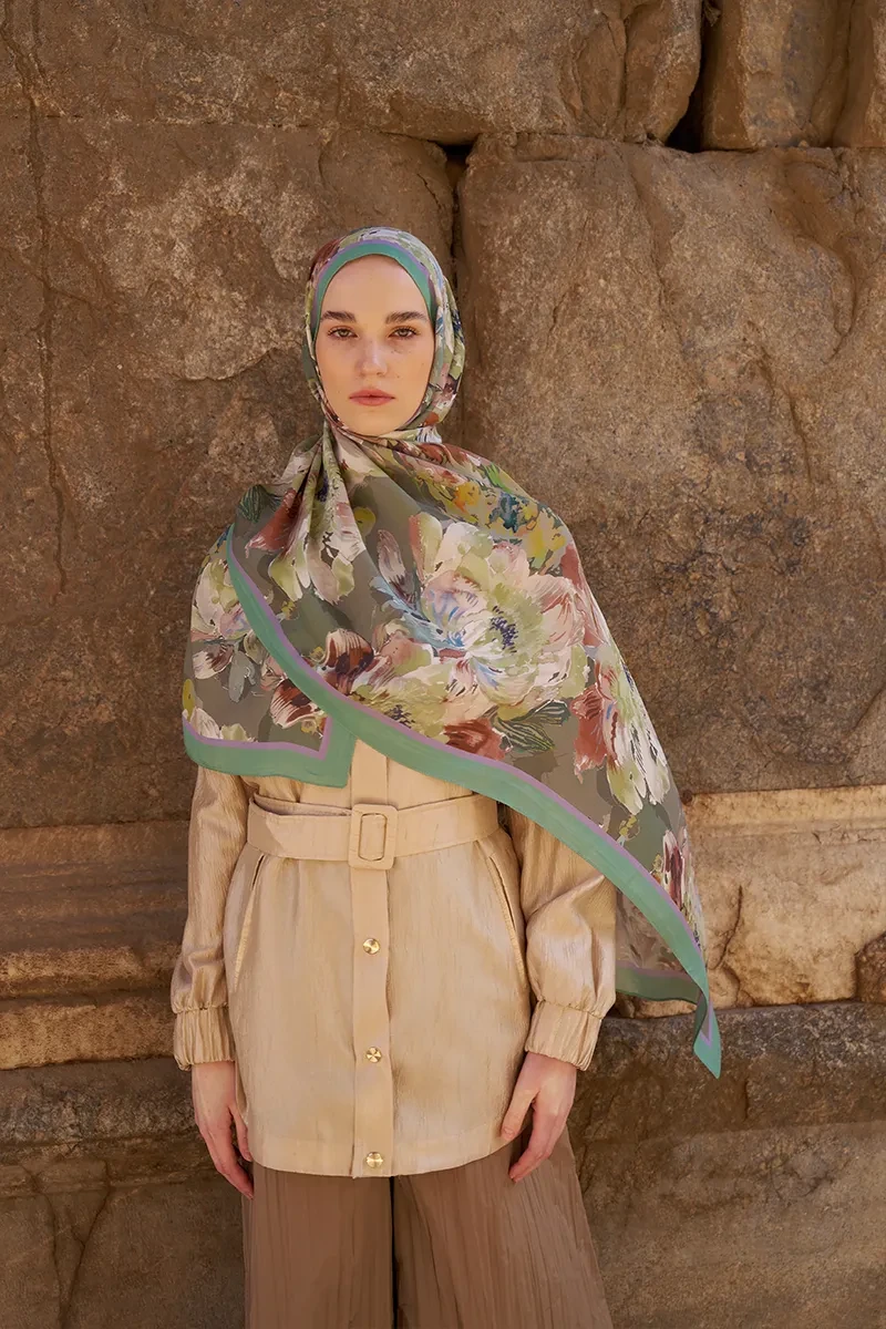 Sunrise Çiçek Desen Şal - Yeşil - ED SCARF