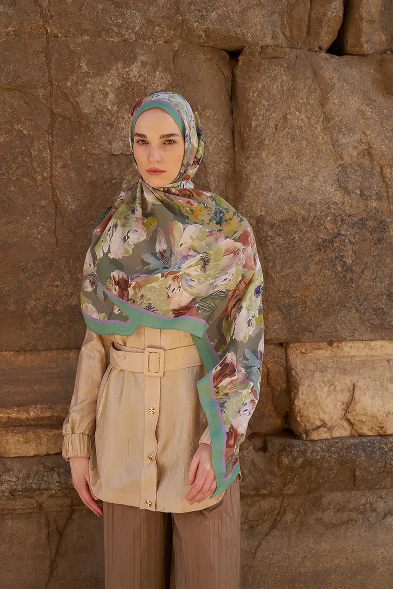 Sunrise Çiçek Desen Şal - Yeşil - ED SCARF