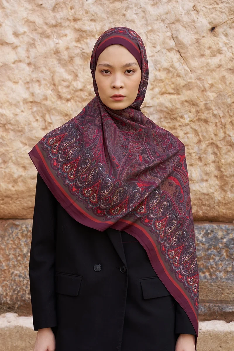 Sunrise Etnik Desen Şal - Bordo - ED SCARF