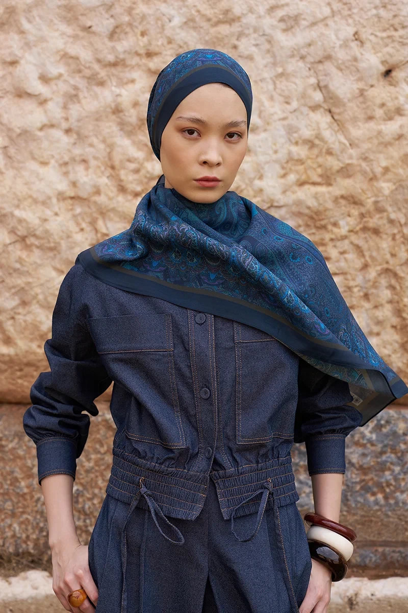 Sunrise Etnik Desen Şal - Lacivert - ED SCARF