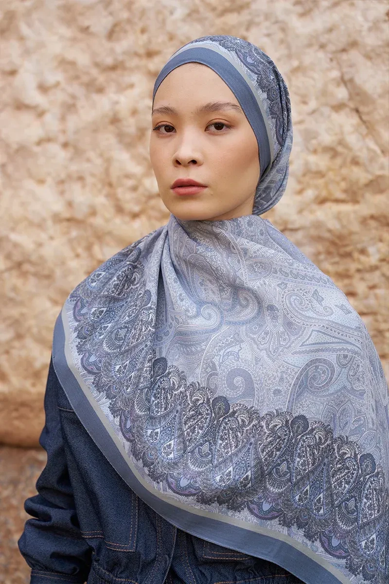 Sunrise Etnik Desen Şal - Mavili Gri - ED SCARF