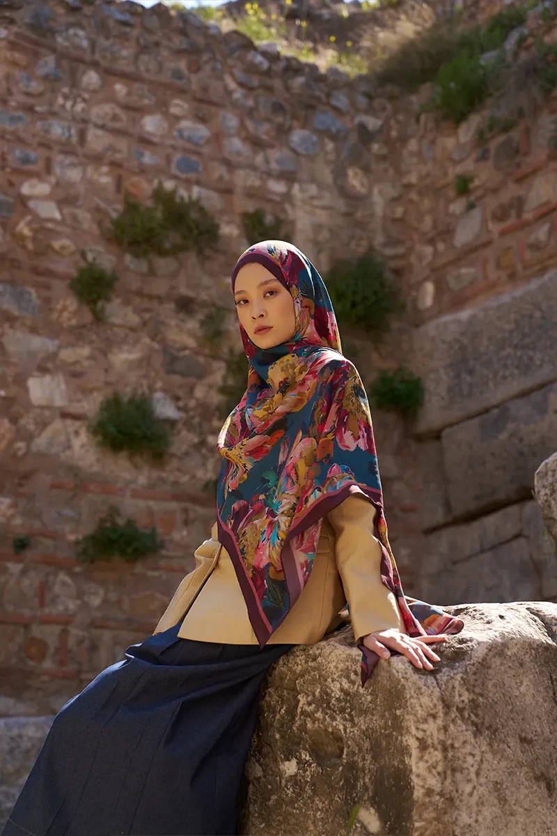 Sunrise Çiçek Desen Şal - Mürdüm - ED SCARF
