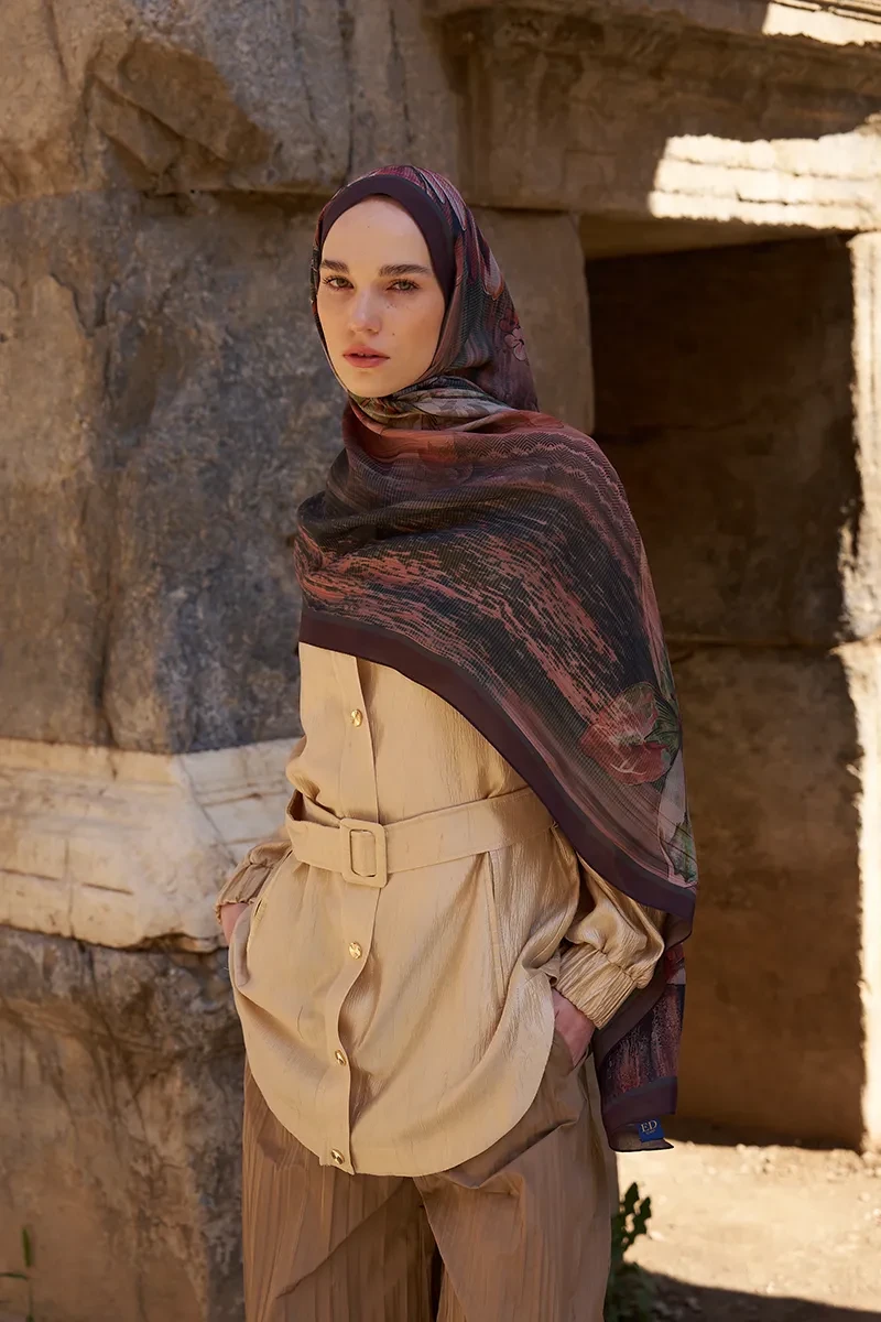 Sunrise Zambak Desen Şal - Bordo - ED SCARF