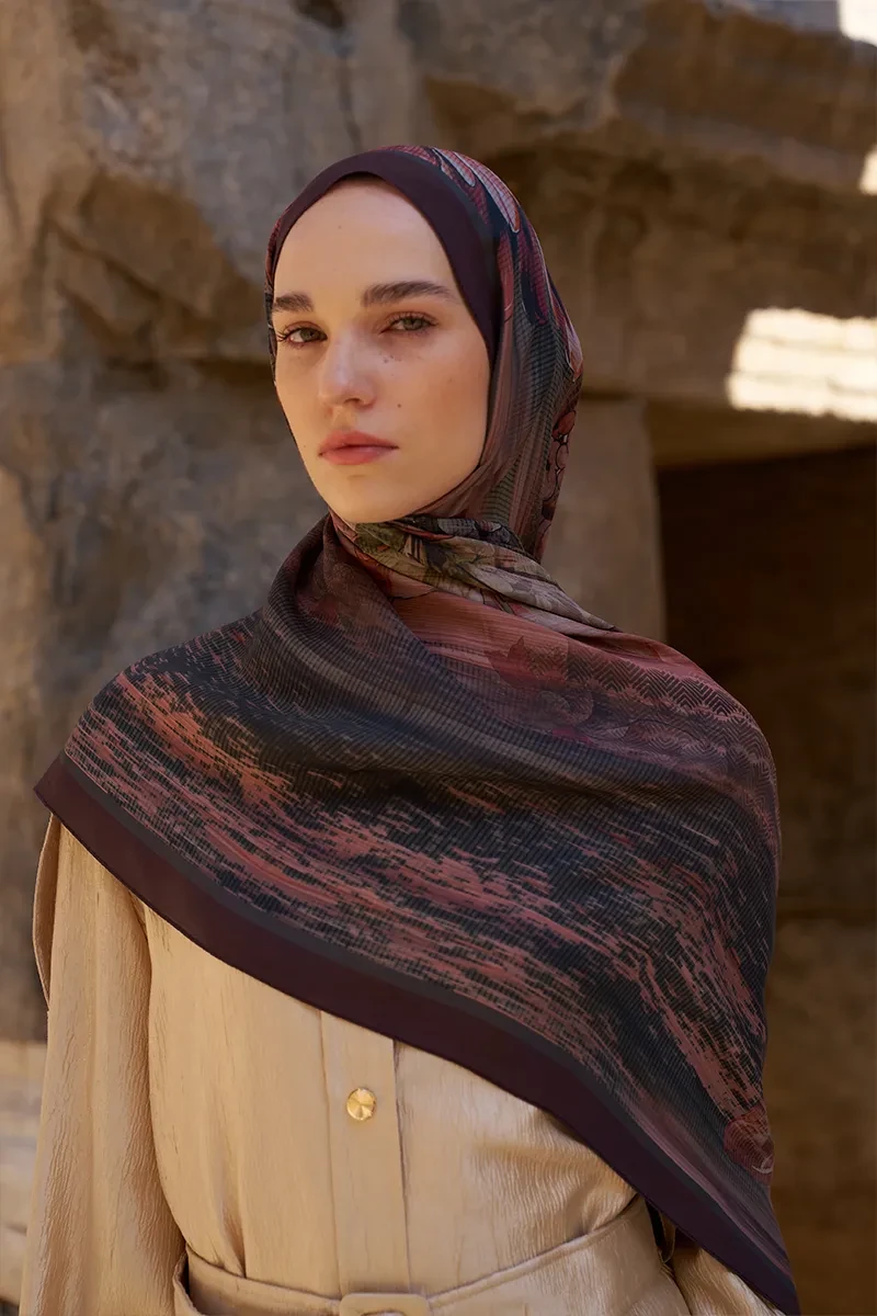 Sunrise Zambak Desen Şal - Bordo - ED SCARF