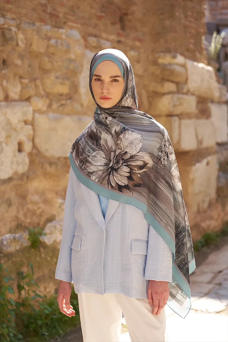 Sunrise Zambak Desen Şal - Mavi - ED SCARF