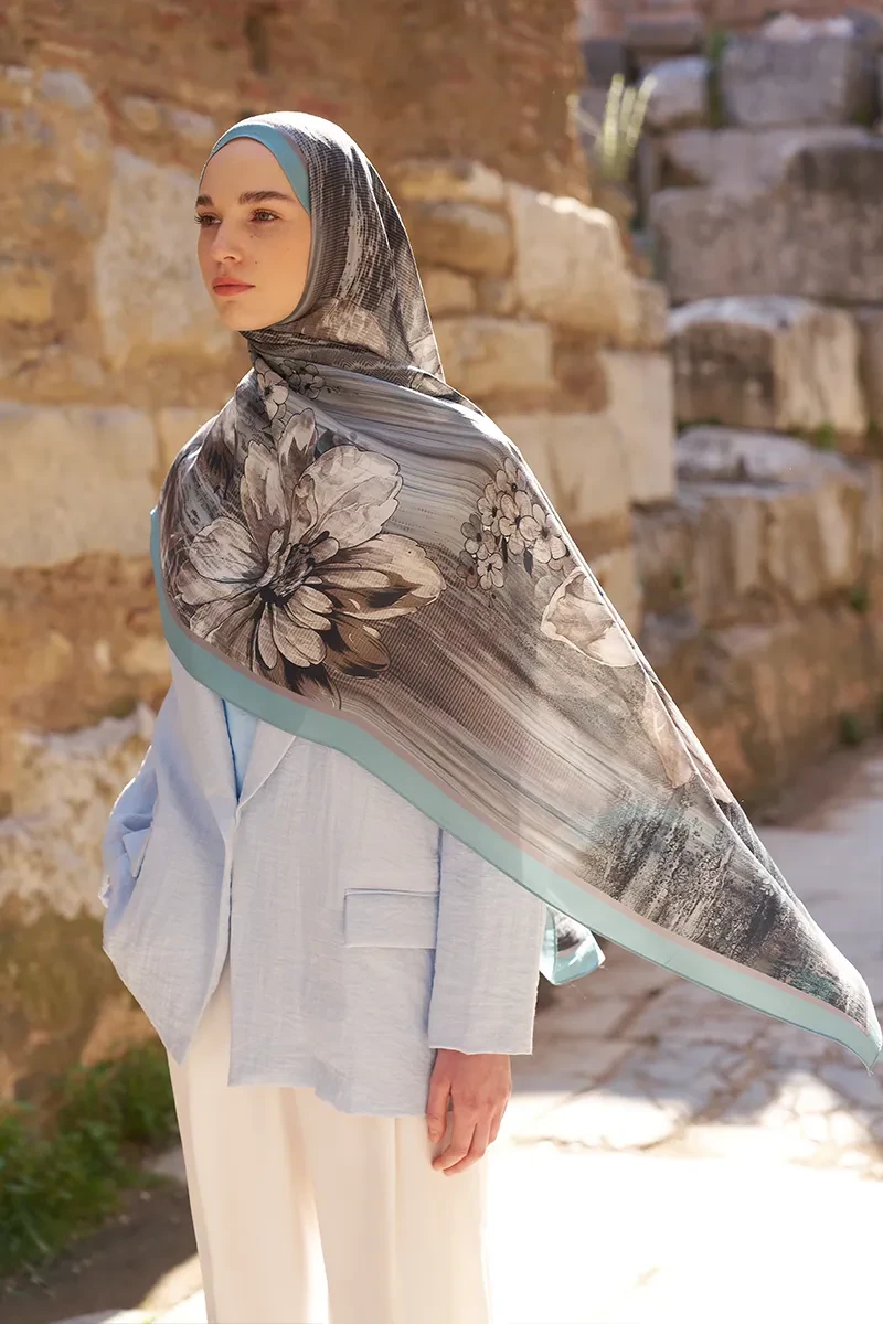 Sunrise Zambak Desen Şal - Mavi - ED SCARF