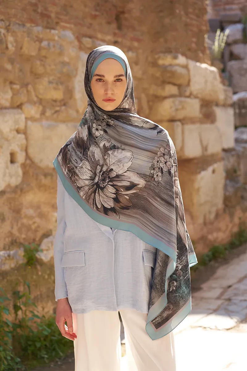 Sunrise Zambak Desen Şal - Mavi - ED SCARF