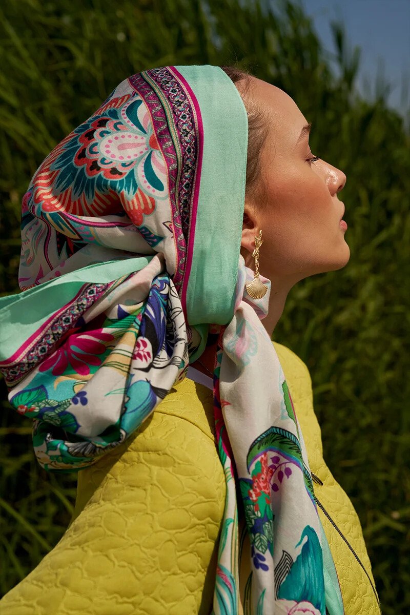 Tablo Desen Pamuk İpek Şal - Buz Yeşili - ED Scarf