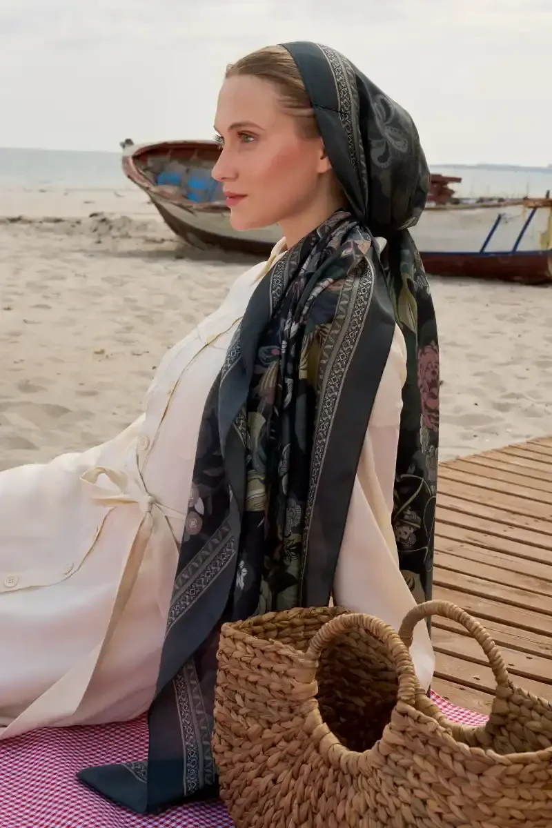 Tablo Desen Pamuk İpek Şal - Siyah