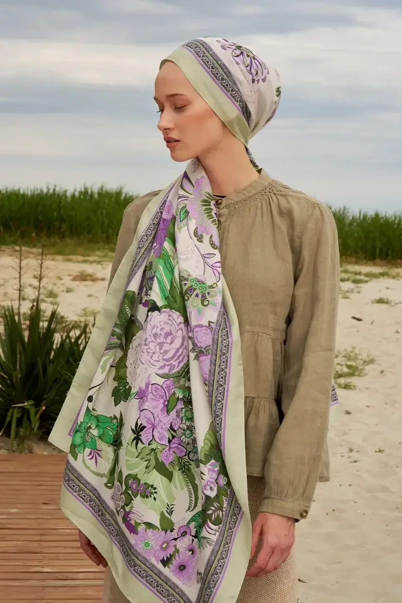 Tablo Desen Pamuk İpek Şal - Yeşil - ED Scarf