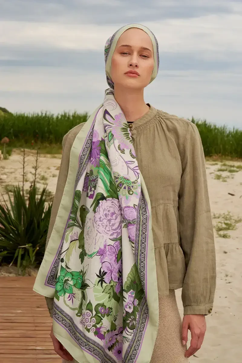 Tablo Desen Pamuk İpek Şal - Yeşil - ED Scarf